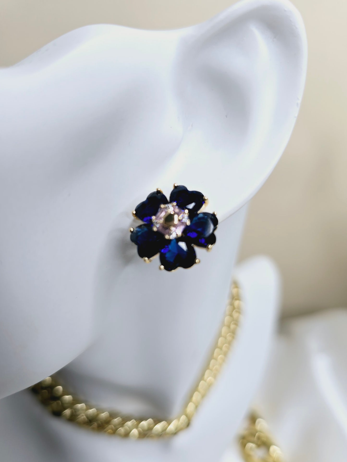 blue flower gold filled earrings medium size with rhinestone AR003
