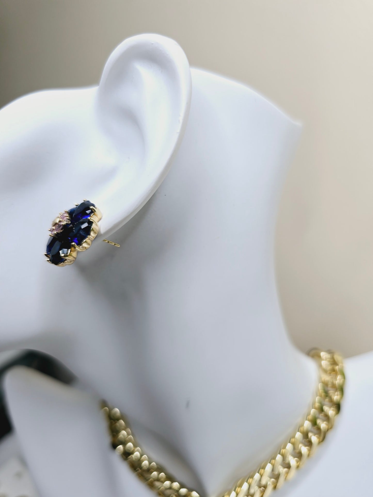 blue flower gold filled earrings medium size with rhinestone AR003