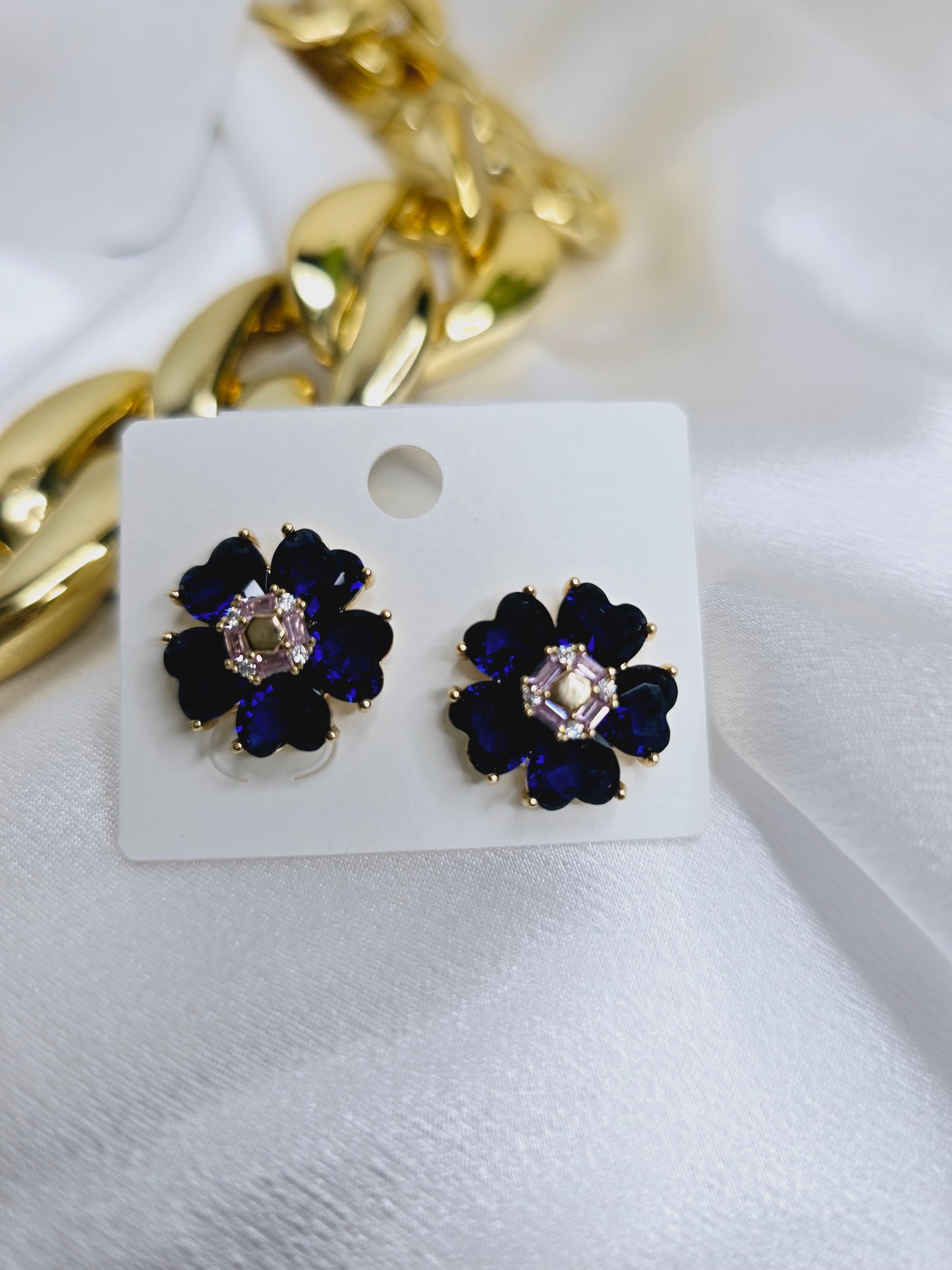 blue flower gold filled earrings medium size with rhinestone AR003