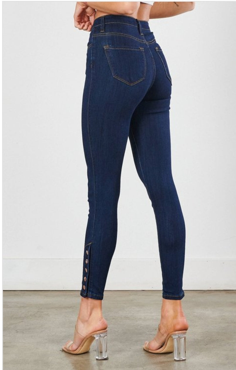 PANTALONES JEANS AZUL CLASICO VIBRANT CON BOTONES ROSE GOLD SKINY EP-1678