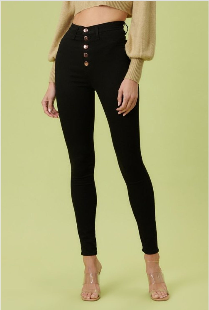 PANTALONES JEANS NEGRO VIBRANT CON BOTONES ROSE GOLD SKINY P-1242