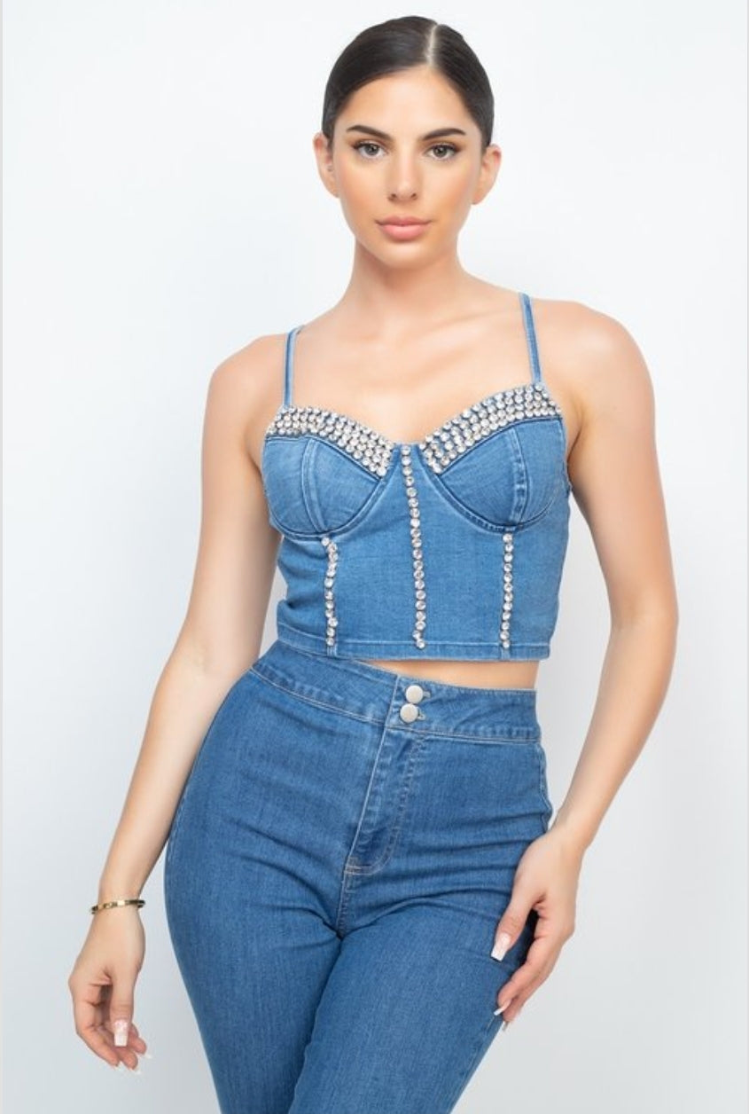 TOP TIPO CORSET EN JEANS CON DISEÑO EN PIEDRAS STYLO BT02555