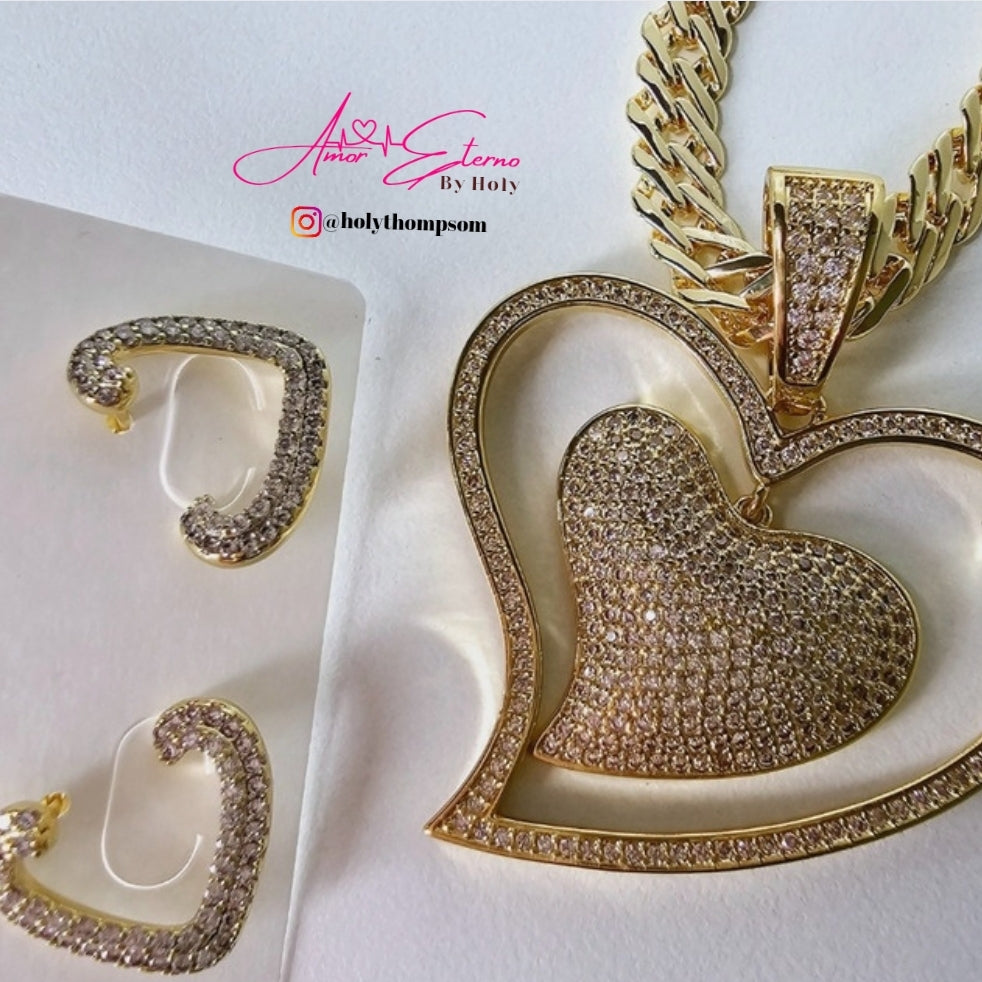 Dije de corazon doble grande diamantado AE008