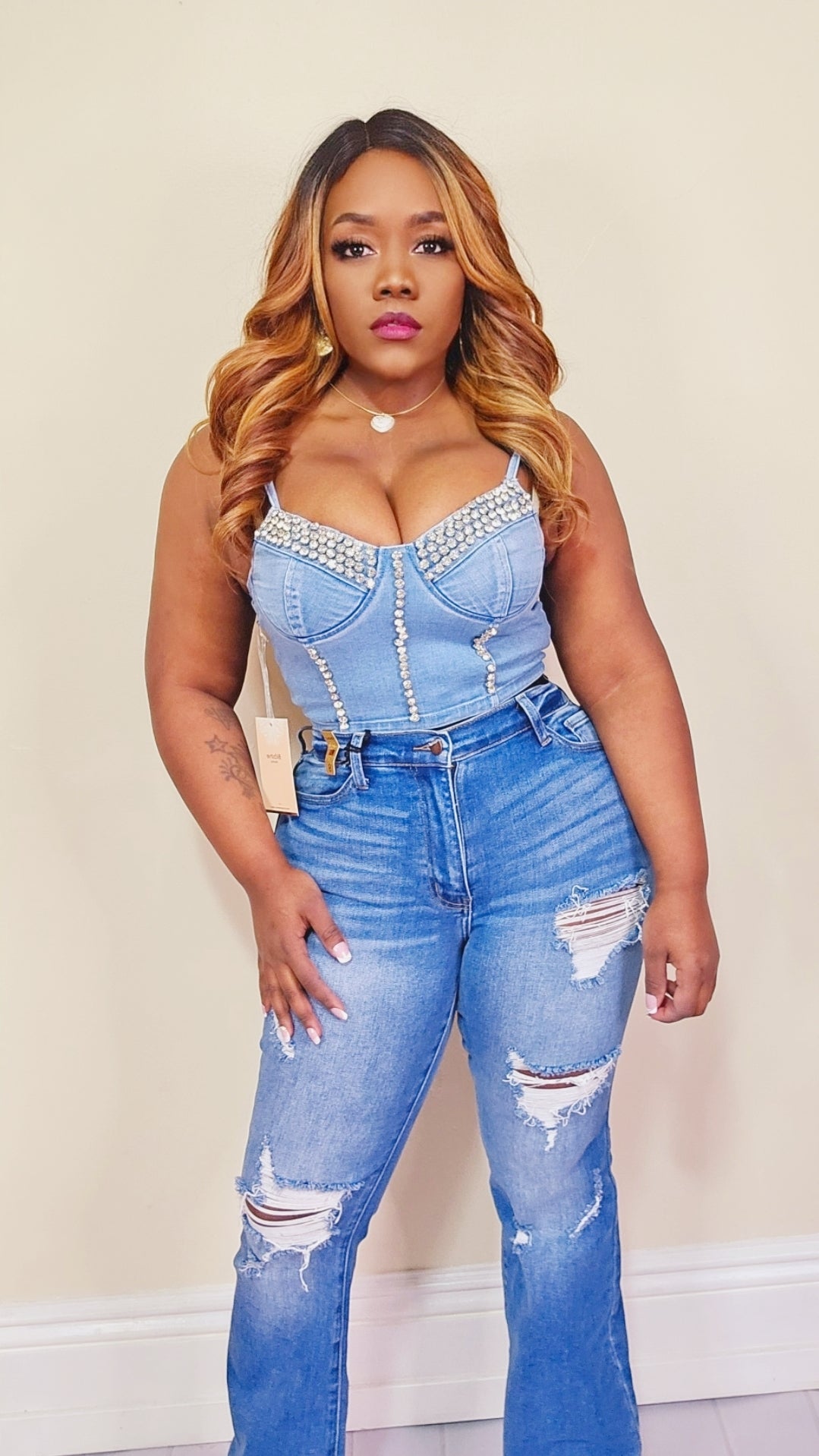 TOP TIPO CORSET EN JEANS CON DISEÑO EN PIEDRAS STYLO BT02555