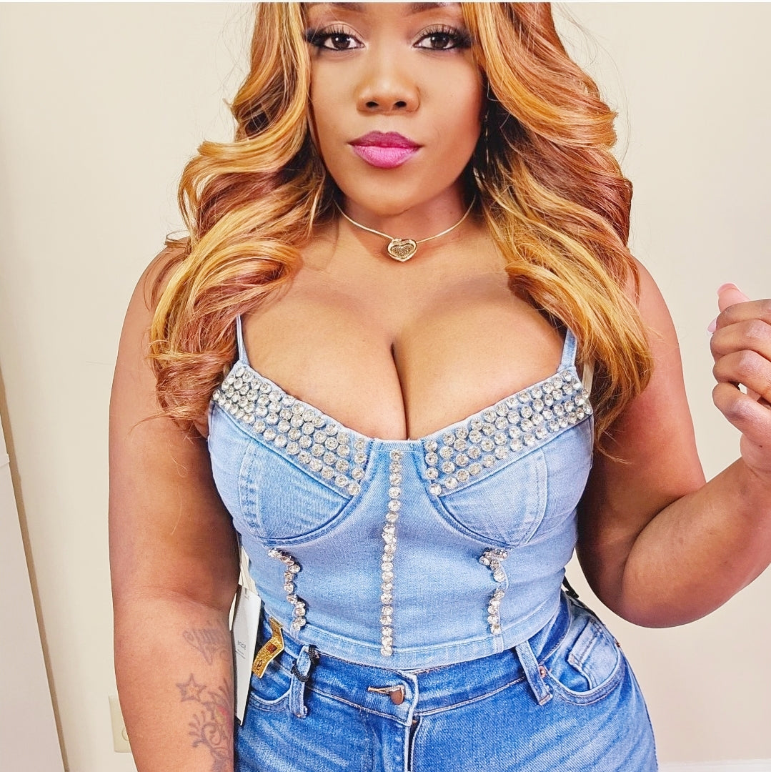 TOP TIPO CORSET EN JEANS CON DISEÑO EN PIEDRAS STYLO BT02555