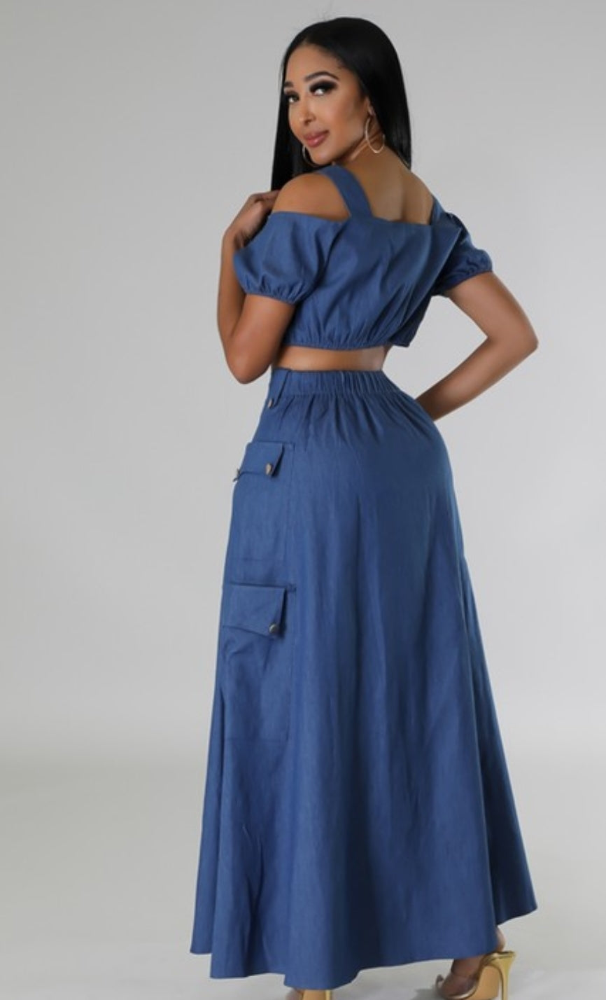 Falda larga con blusa en tela de jeans azul Set ref. 27317