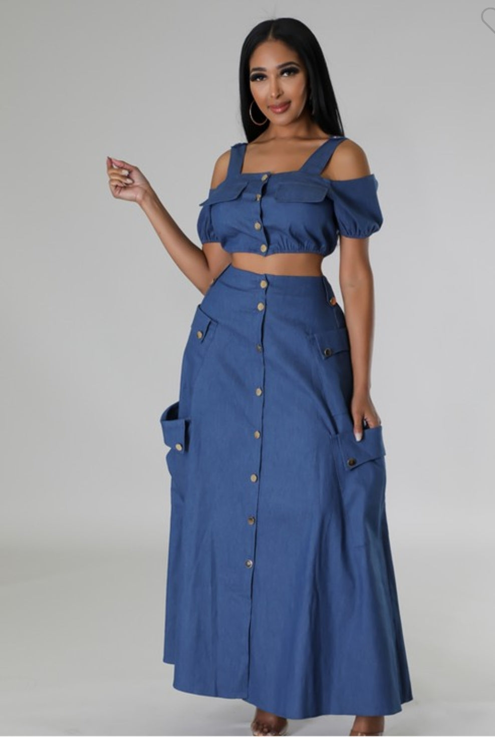 Falda larga con blusa en tela de jeans azul Set ref. 27317
