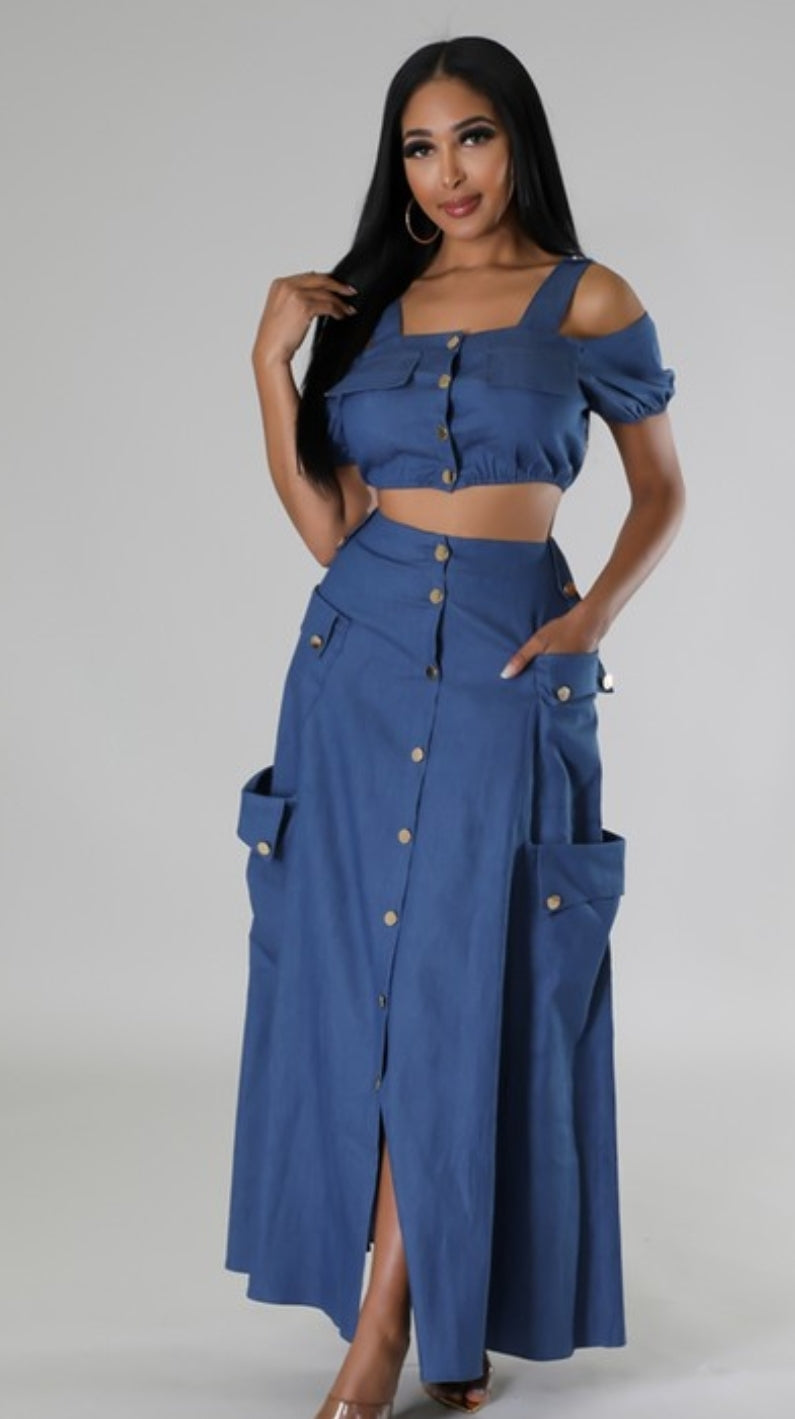 Falda larga con blusa en tela de jeans azul Set ref. 27317