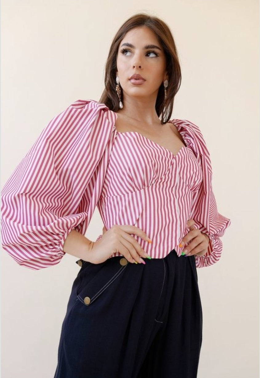 Top tipo camisa mangas abuchadas elegantes en rallas rojas ref. T-7003