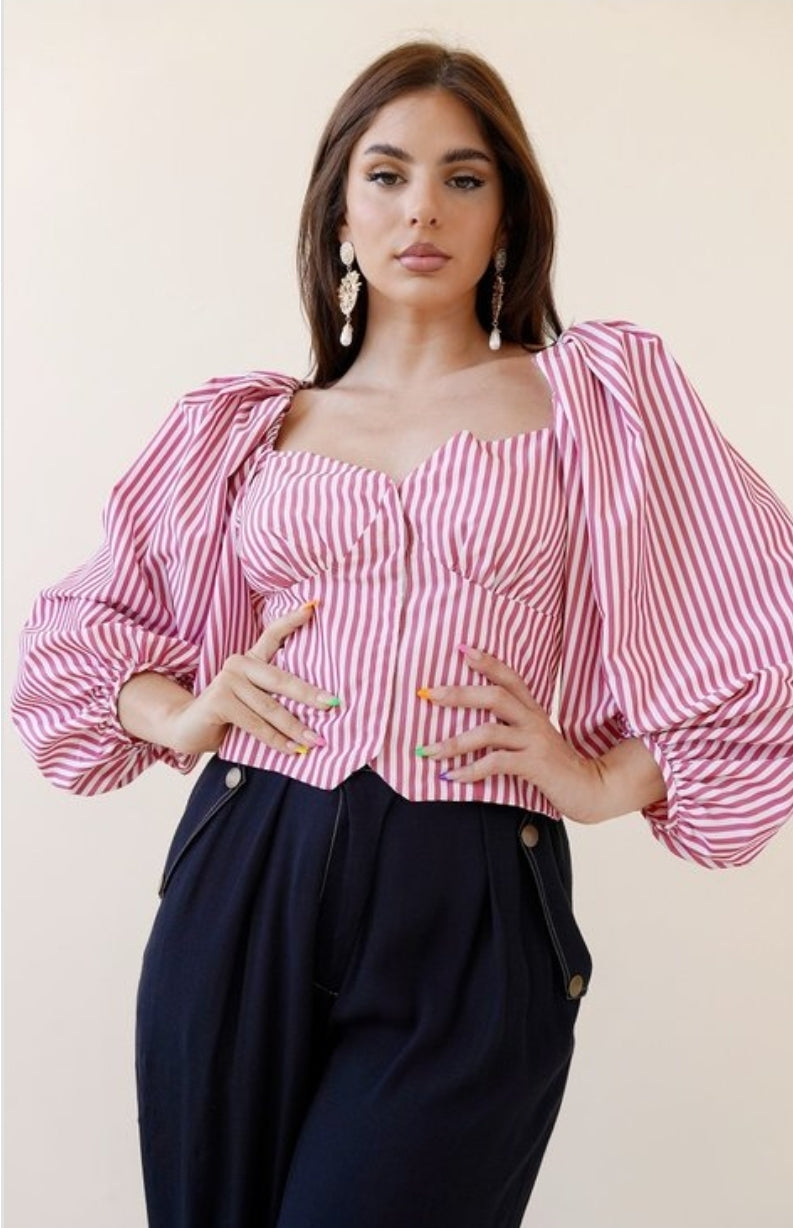 Top tipo camisa mangas abuchadas elegantes en rallas rojas ref. T-7003