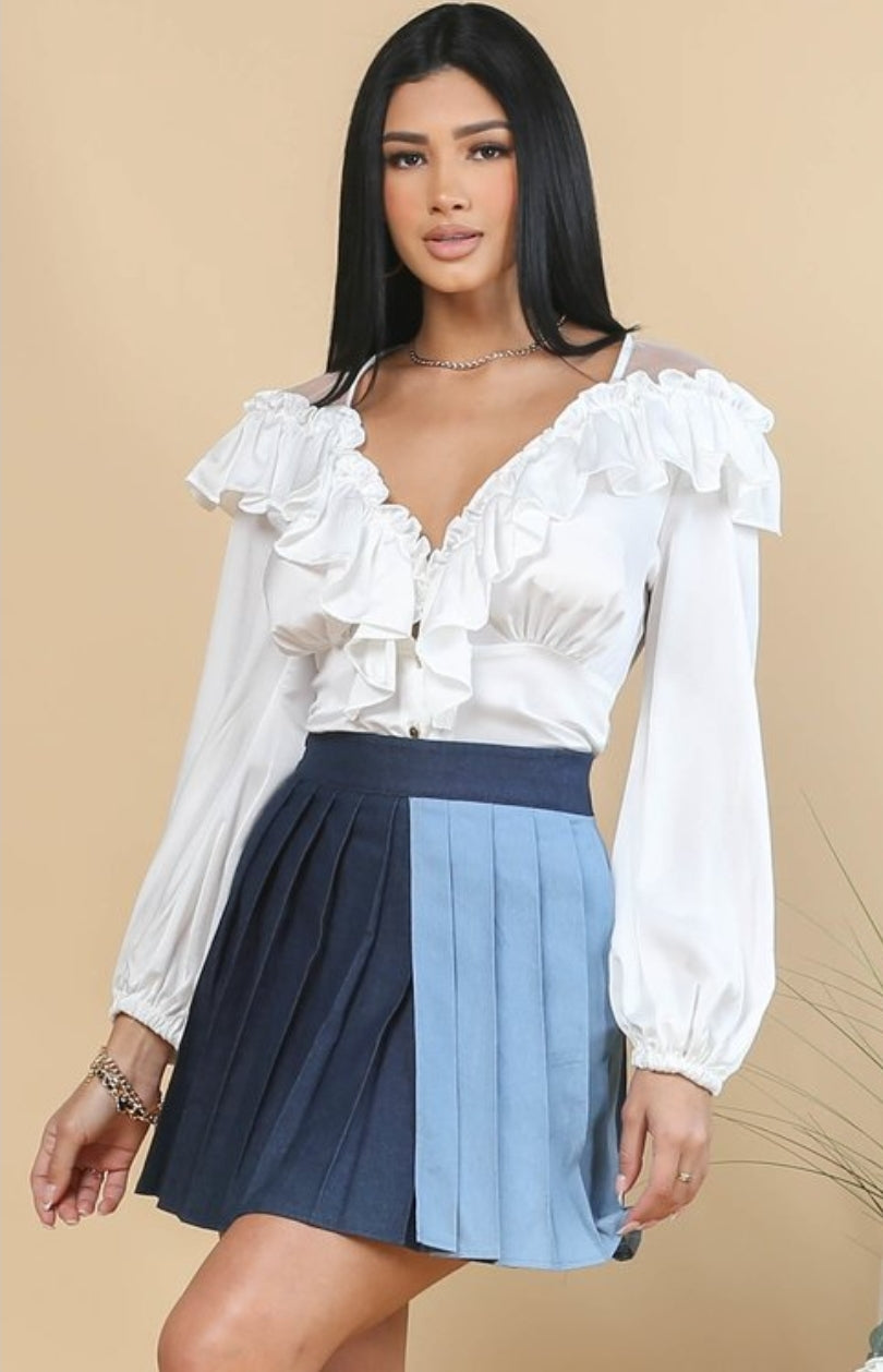 Blusa manga larga cuello v con vuelos