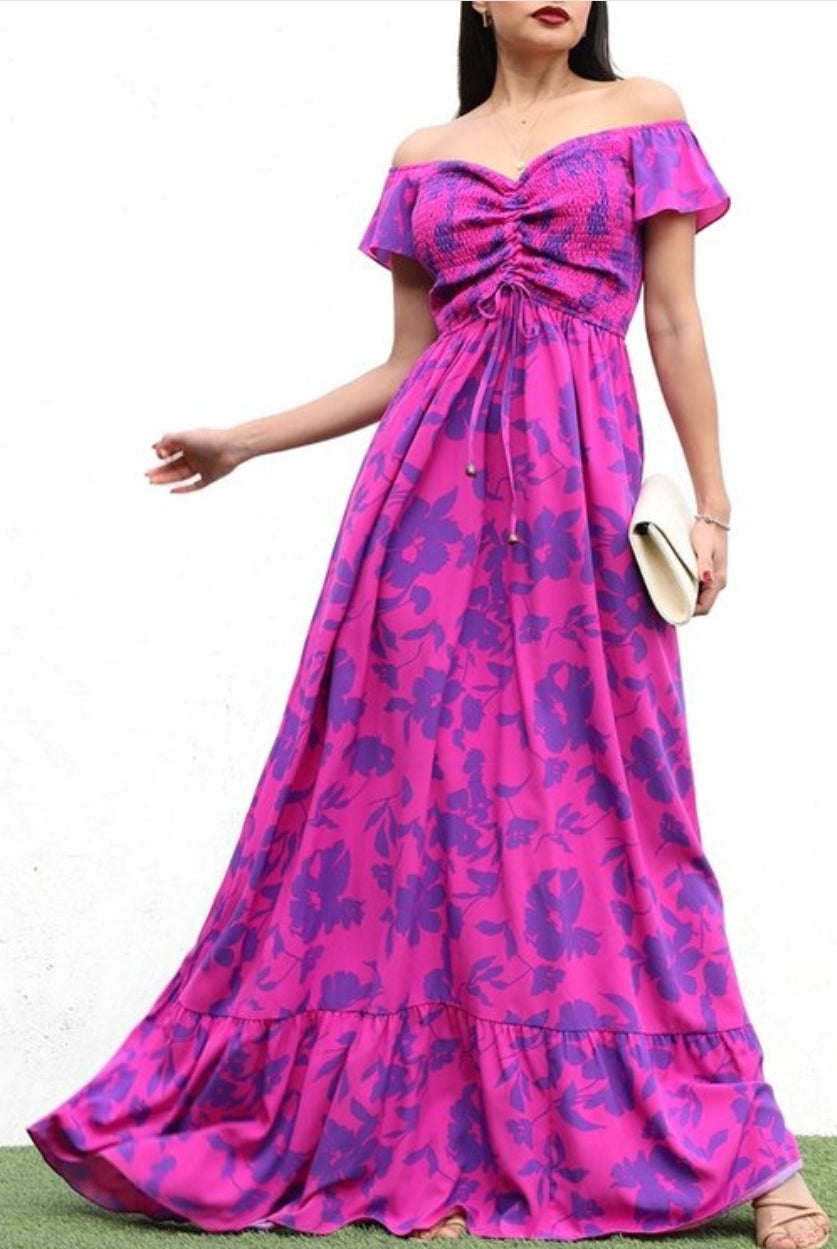 vestido largo magenta mangas caidas