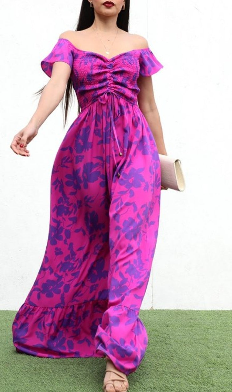 vestido largo magenta mangas caidas