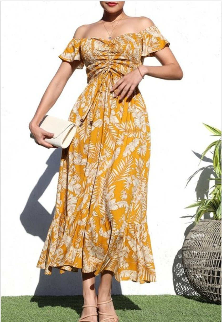 vestido midi amarillo mangas caidas