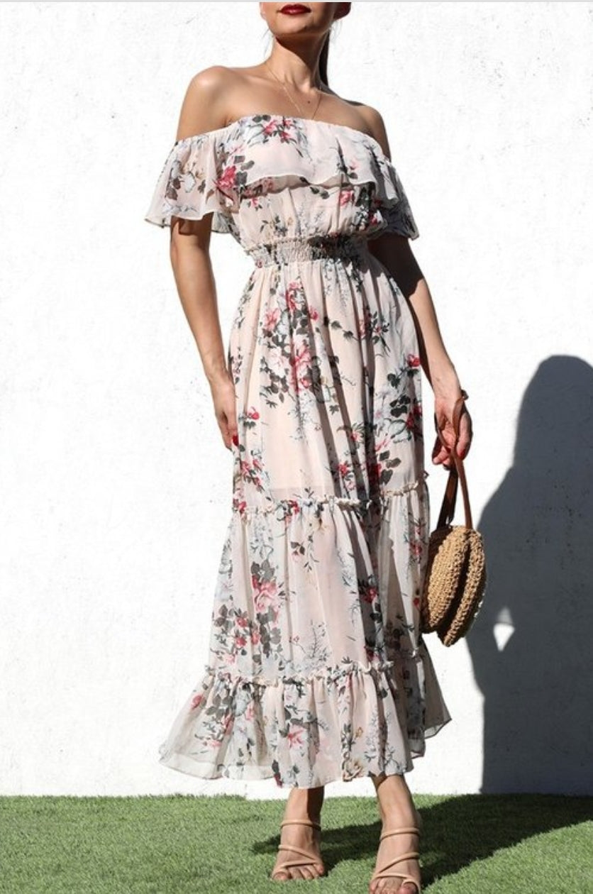 vestido largo coquette de flores mangas caidas