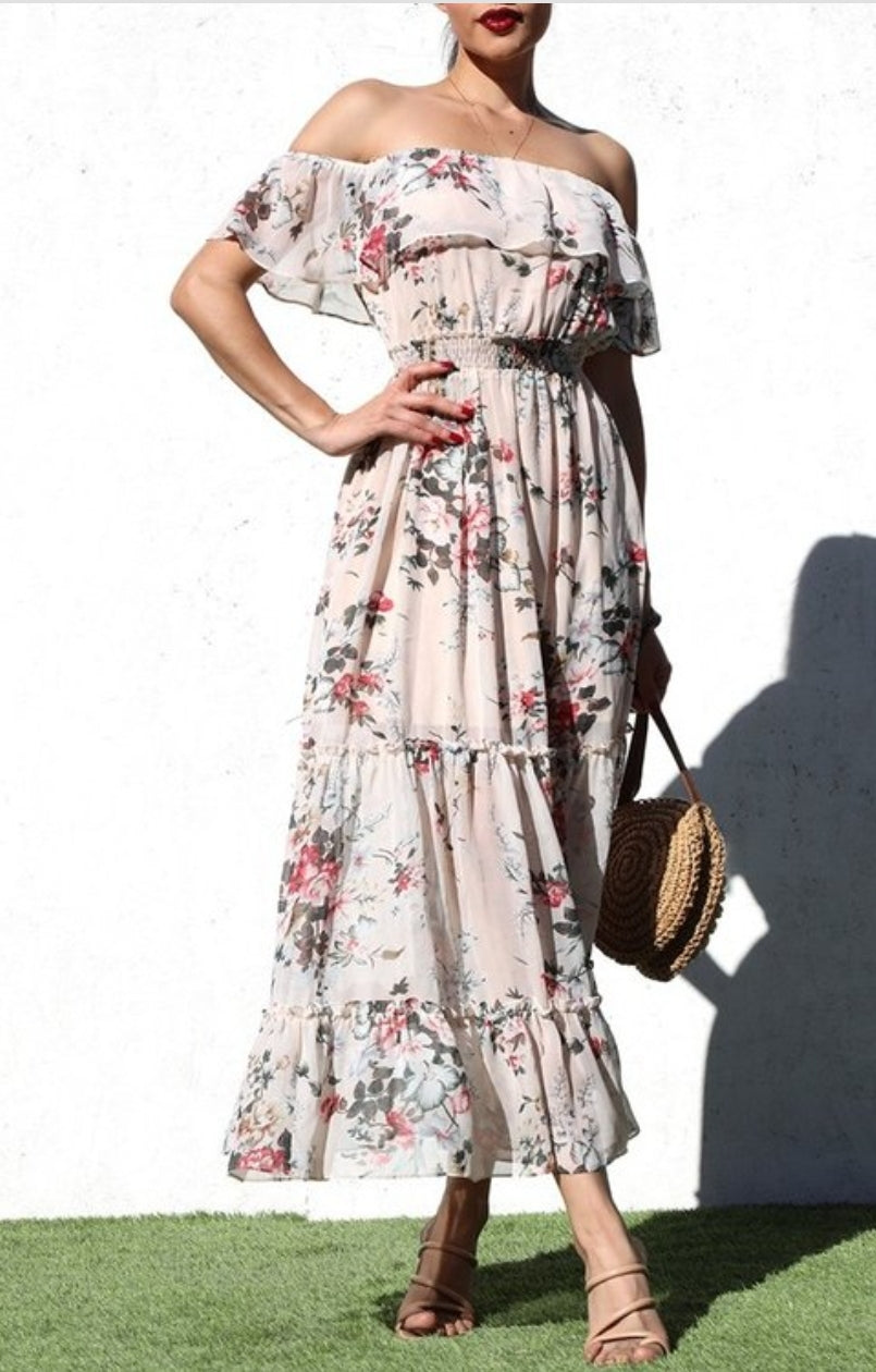 vestido largo coquette de flores mangas caidas