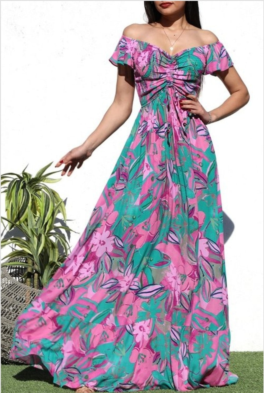 vestido largo verde y magenta mangas caidas