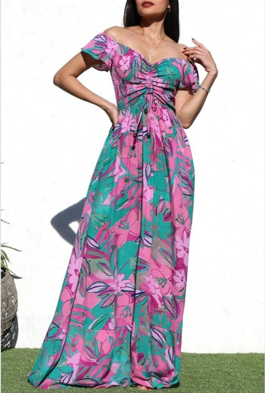 vestido largo verde y magenta mangas caidas